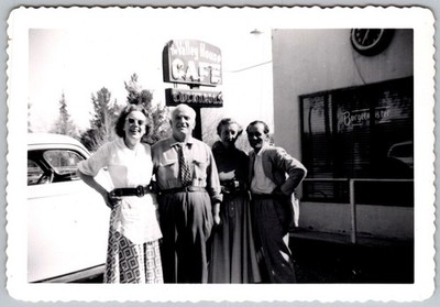 Vtg B&W Snapshot Group Outside Valley House Cafe Cocktails Restaurant Sign 1955