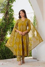 Women Mustard Yellow Anarkali Kurti Pant Dupatta Set Cotton Floral Indian Ethnic