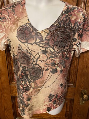 Lane Bryant Pink Gray Over Dyed Beaded Floral SS Knit Top 14 16W