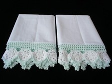 New White-green hand Crochet trim 100% Cotton White Pillow Cases Sham Queen Pair