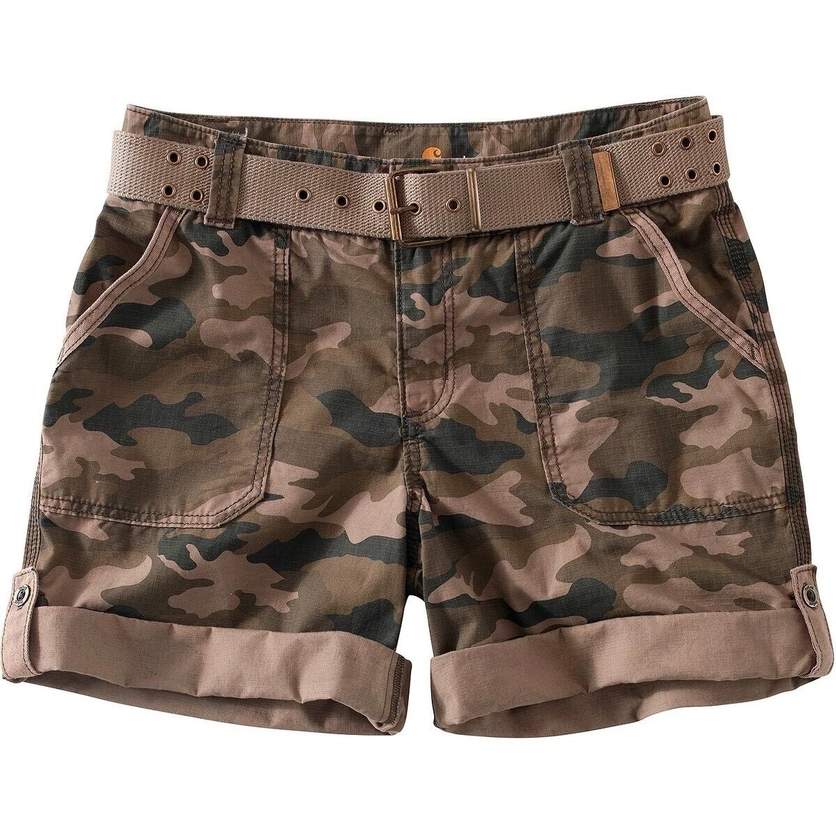 CARHARTT Size 6 Women's Belted Shorts w/Adjustable Cuffs, Cotton Ripstop Bermuda