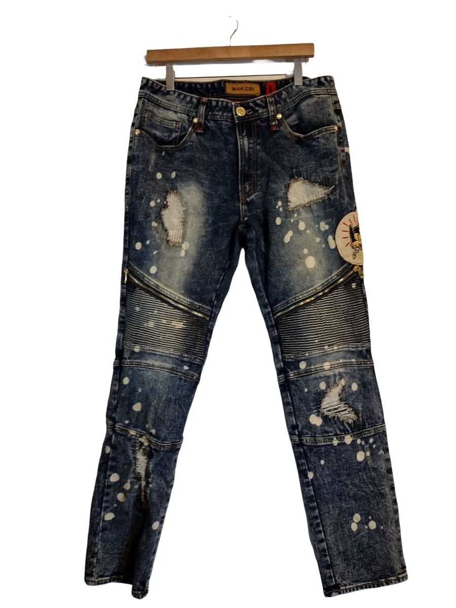 Makobi Jeans Size 34x32 Men Shredded Jeans Graphics Streetwear HipHop Patches