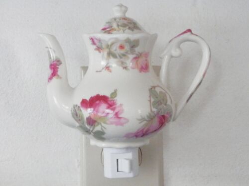 Pink Flowers Hand Painted Decorator Porcelain Tea Pot Plug-In Night Light - Picture 1 of 5