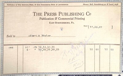 1922 The Press Publishing Co. Invoice Newspaper Advertising East Stroudsburg PA