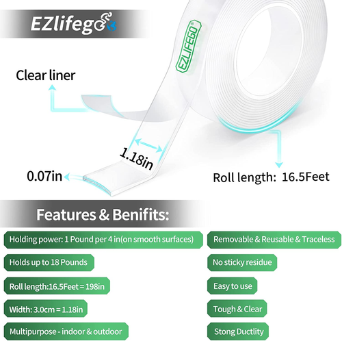 Ezlifego Double Sided Tape Heavy Duty(Extra Large 198Inch), Nano Double Sided Ad - Picture 2 of 8