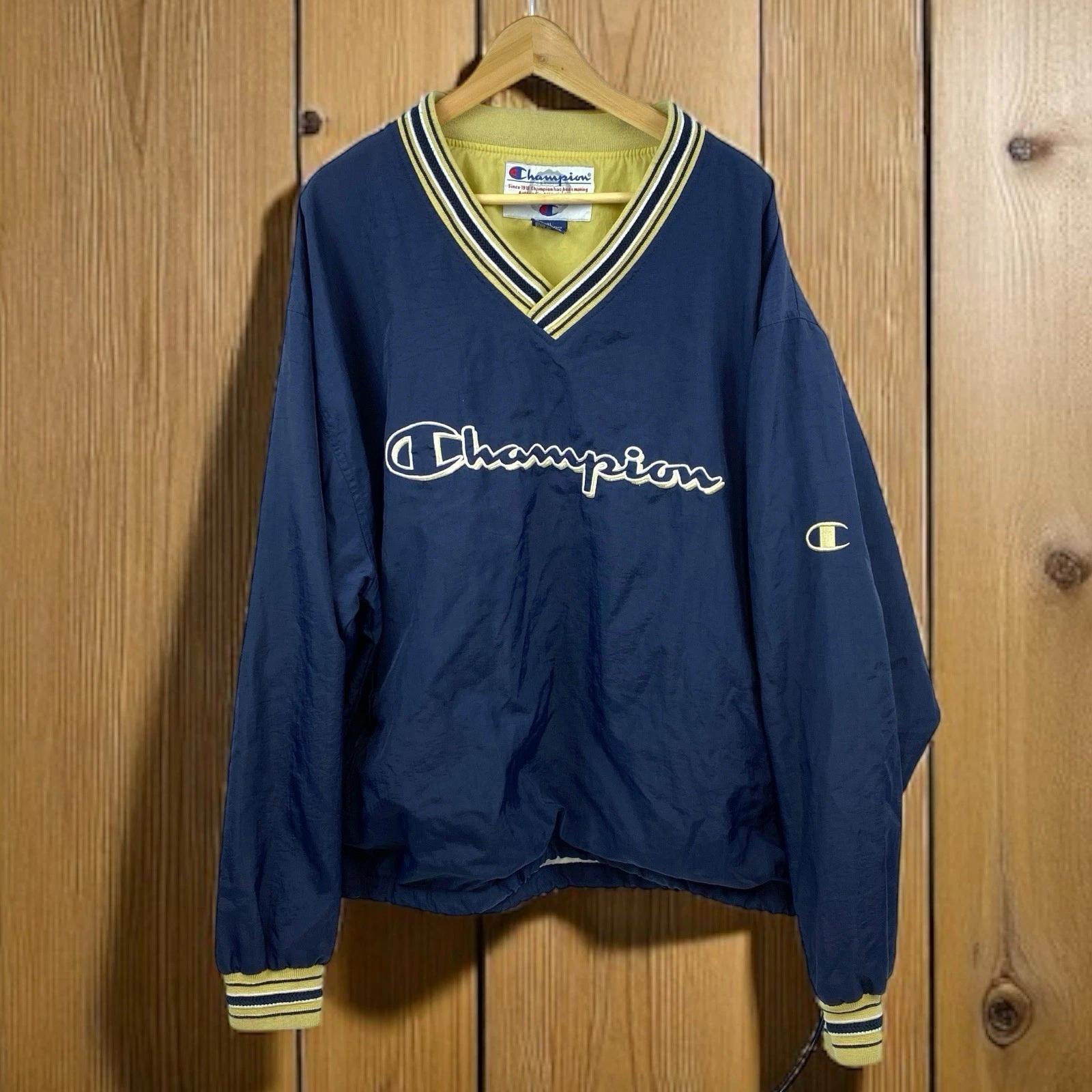Champion Jacket Pullover Windbreaker VTG 90s Men's XL Blue Pockets Rare V Neck