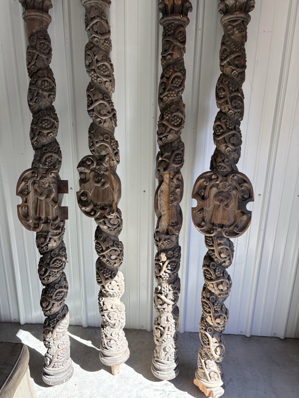 4 ANTIQUE 17th C. SOLOMONIC BAROQUE 84” COLUMNS 4 columns Carved Vines Wood