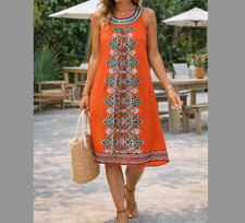 Womens Orange Sleeveless Shift Dress Boho Tribal Print Beaded Neckline Summer