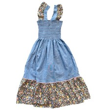 Vintage handmade chambray And Floral Flutter Sleeved Smocked Girls Dress