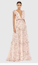 Mac Duggal 68090 Sz 12 Ruffled Floral Print Cap Sleeve Gown Pink Multi