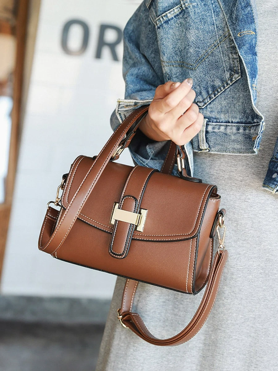 Women Shoulder Bag Pu Solid Color Crossbody Bag Casual Designer Small  Square Bag Wide Strap Handbag