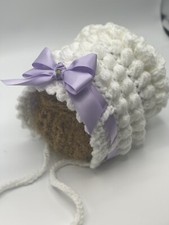 Beautiful Crochet Baby Bonnet White Lilac 0-3 Months