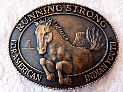 Vintage Brass Metal Belt Buckle Horse Running Strong for American Indian Youth