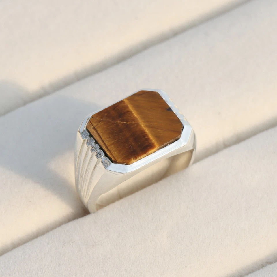 Tiger Eye Men's Ring, 925 Silver Engagement Ring, Signet Ring For Boyfriend - image 3 of 4