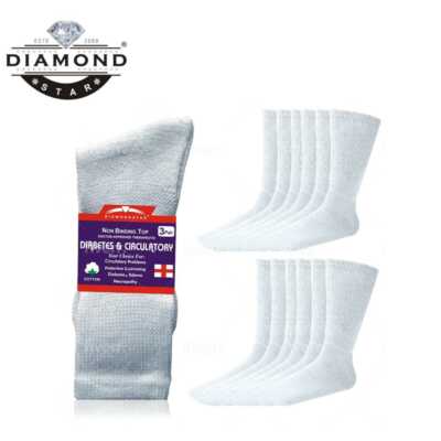 12 Pairs Health Circulatory Crew Cotton Diabetic Socks White 9-11 10-13 13-15
