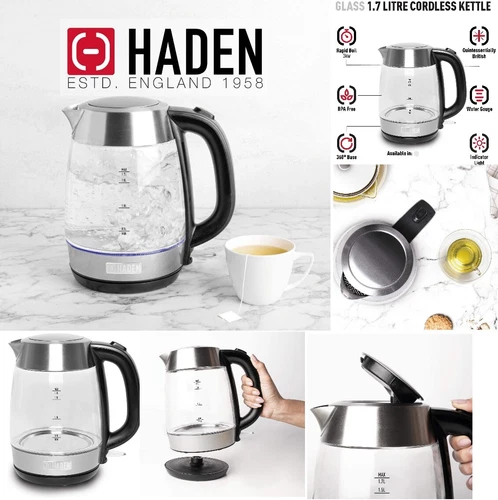 Haden Electric Steel Cordless Glass Kettle 1.7L 3000W 360° Blue LED BPA FREE 