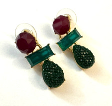 Vintage Green Emerald Tone Rhinestones Dangle Drop Pierced Earrings Estate