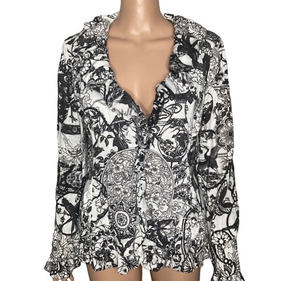 Vintage Alberto Makali Jacket Womens L Black White Zip Front Ruffles Floral