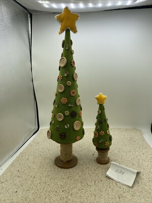 Set Of Two Crafted Button Christmas Trees.  Cloth, Buttons,  And Wood