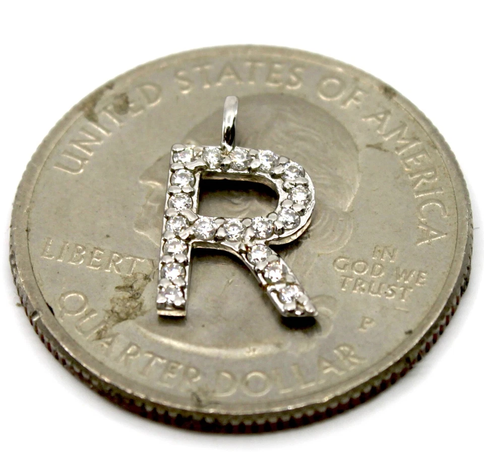 Initial R Letter Mini Pendant / Charm with Natural Diamond in 14K White Gold - Image 3 of 4