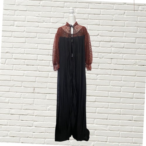 Vintage 40s Barbizon Peignoir Robe And Maxi Slip Set Black Pleated W Lace S - Picture 9 of 14