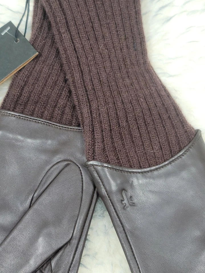 Новый с Ярлыками FRYE женщин кожи с ребристый вязаный манжеты перчатки темно-коричневый Sz L $98.00 - Изображение 4 из 4