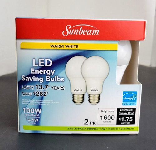 Sunbeam® LED 14.5W (100w) Warm White LIGHT BULB (A19 Shape, E26 Base) 2 pk - NEW