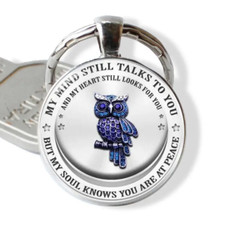Metal Blue Owl Key Chain Key Ring - New - My Mind Still Talks To You...