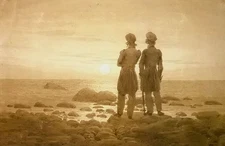Oil painting caspar david friedrich - two men at moonrise landscape by beach art