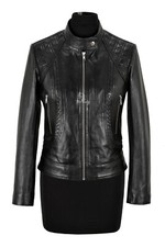 Ladies Black Leather Jacket Mandarin Collar 100% Lambskin Classic Braided Jacket