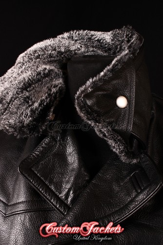 Men's KRIEGSMARINE FUR COLLAR German Jacket Pea Coat Black Real Cowhide Leather - Picture 11 of 12