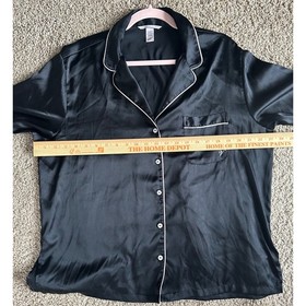 Victoria's Secret Black Satin Pajama Set Long Sleeve Top Pants Sz Medium Long