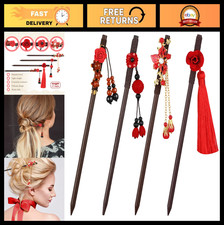 4 Pcs Asian Hair Stick Accessories - Chinese Japanese Wooden Hairpins, Retro Gei