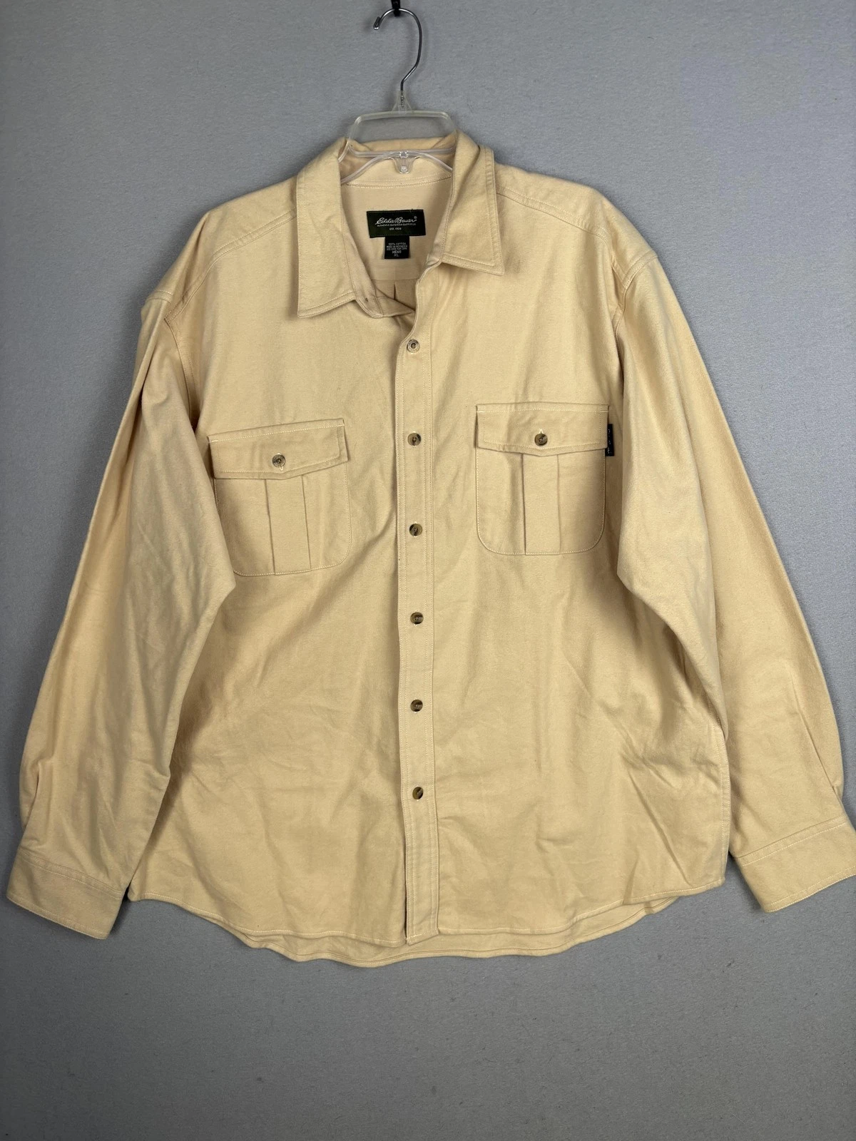 Eddie Bauer Shirt Mens XL Beige Flannel Long Sleeve Chamois Workwear Outdoor