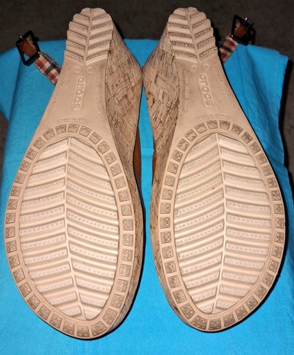 Crocs A Leigh Cork Wedge Sling Back Peep-Toe Brown Leather Sandals, Women's - Picture 8 of 19