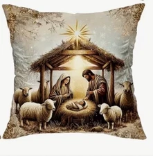 NATIVITY SCENE MANGER Christmas Linen Throw Pillow Cover Winter Holiday Decor