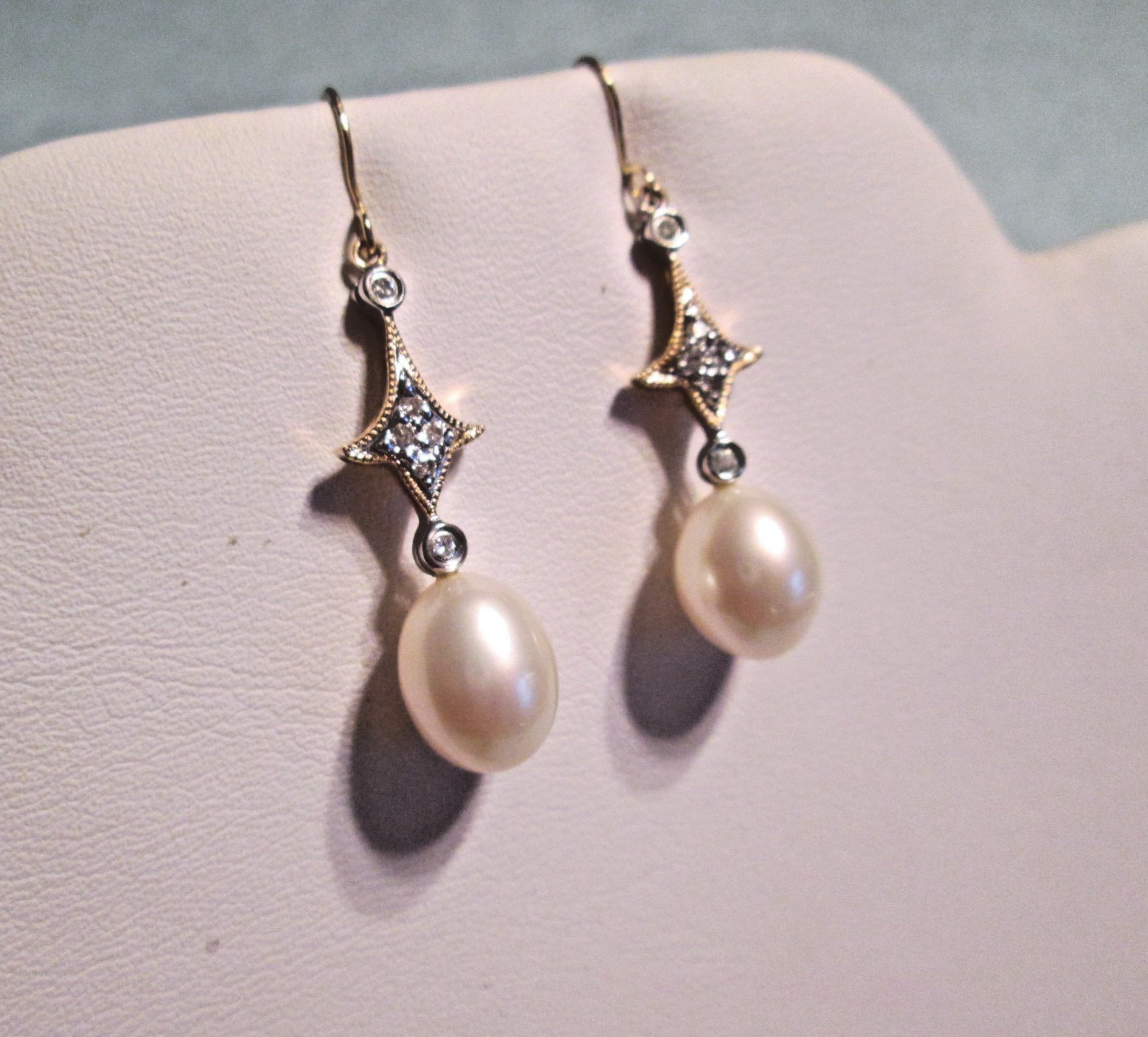 Estate Pearl & Diamond J-Hook Drop Earrings 14k Yellow Gold 1.5