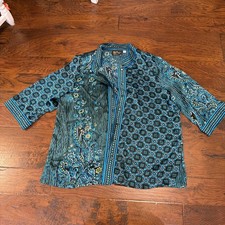 Bob Mackie Wearable Art Size XL Button Front Shirt 3/4 Sleeve 100 Silk Green