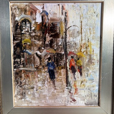 Vintage Impressionist Rainy Day City Street Scene Oil Art Painting Wall Hanging
