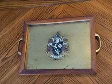 Vintage MCM Brass Inlay Lion Crest Wood & Glass Serving Tray Nobilis Leonis 