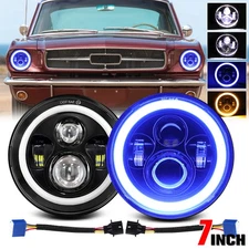 For Ford Mustang 1964-1973 7" inch Round LED Headlights Blue Halo DRL Angel Eyes