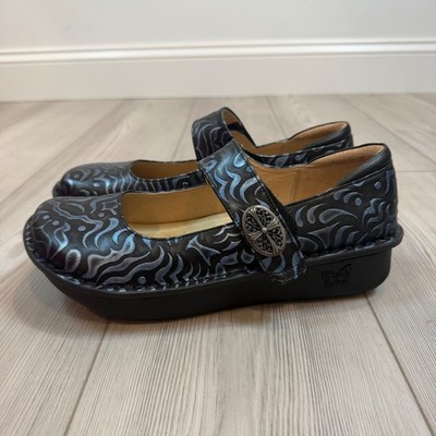 NEW Alegria Paloma Gothic Steel Blue Black Leather Mary Jane Clogs 41 WIDE