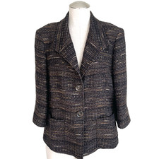 Lafayette 148 New York Wool Tweed Blazer Size 14 Brown Gold Metallic Jacket