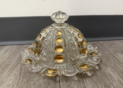 Vintage Good Drops Butter Dish w/ Domed Lid - Gold/Pressed Glass Has Chips