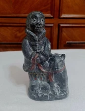 A Wolf Original Soapstone Sculpture Eskimo Woman With Husky, Inuit Dog Canada
