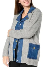 Antthony Women's Mixed Media Denim Trim Sweater Jacket Heather Gray