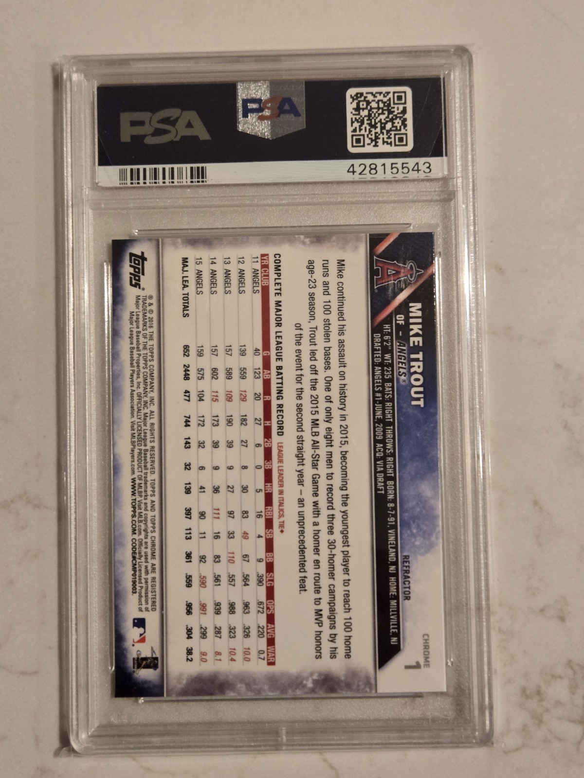 2016 Topps Chrome Mike Trout Jumping Refractor PSA 10 view 3