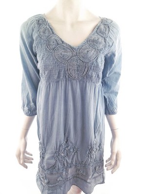 REPEAT Damen Kleid Gr. S Blau Baumwolle 100% 3/4 Ärmel Knielang V-Ausschnitt