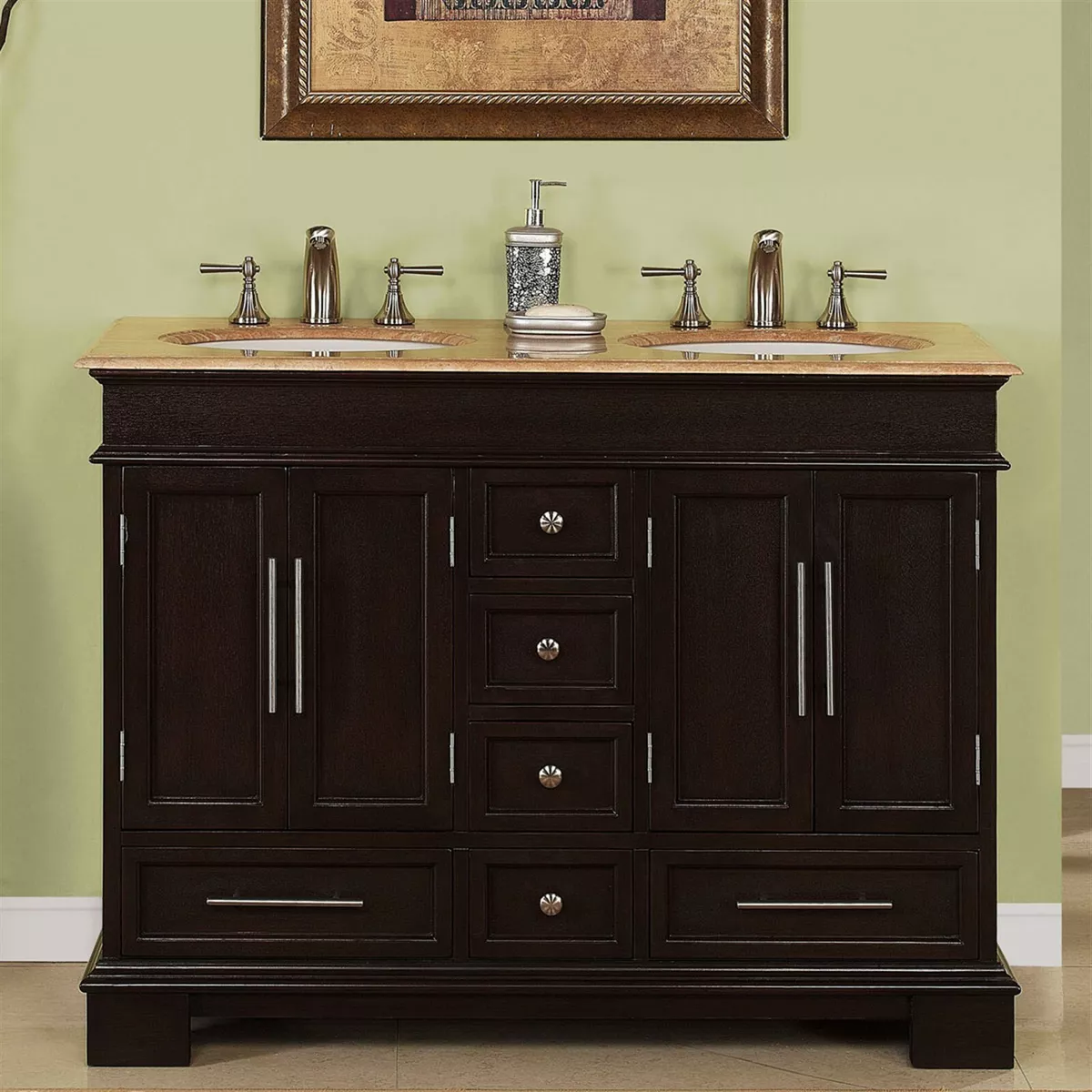 48 inch Compact Double Sink Travertine Stone Top Bathroom Vanity