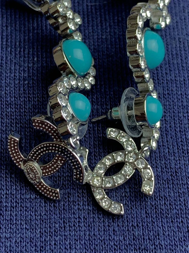 Chanel Silver Blue Stone CC Charm Dangle Drop Earrings - Image 4 of 4